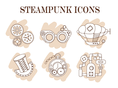 Steampunk icons airship clock cylinder dirigible gears goggle hat icons steam engine steampunk vector