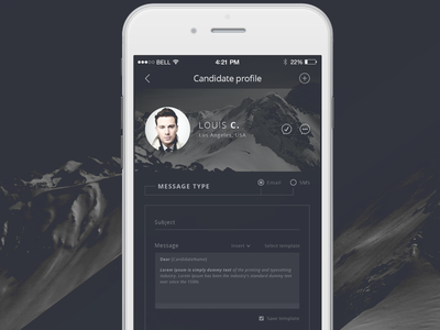 Talent Scout - Send message - iPhone 6 app candidate profile email ios iphone 6 job app send message sms talent scout ui design user experience user interface