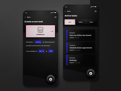 GN - High-End Personal Assistant app design dark mode mobile night mode personal assistant skeuomorphism tasks ui design user experience user interface ux design