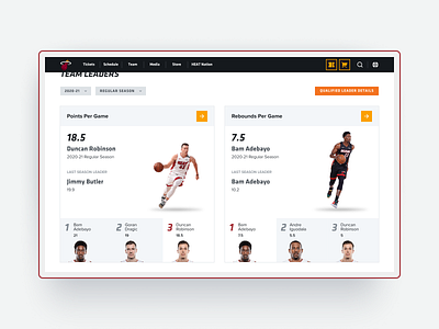 Team Leaders page - Miami HEAT basketball interface nba redesign sports ui web design website
