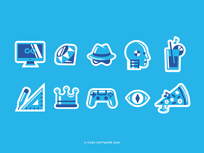 Sticker Pack for COAX Software coaxsoftware crown design designer drink dummy flat icons gamepad hat icon design icon pack icon set imac pizza python ruby snake solid icons sticker pack stickers