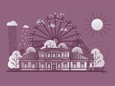 Spring In the City building ferris wheel frankivsk illustration linecraft monoline palace park rain sing snow sun ukraine villa