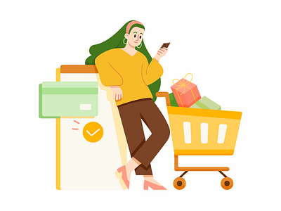 Shopping business buy cart character draw flat gift girl goods illustration market pay payment sale shop shopping shopping cart vector woman