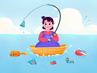Favorite I blue character child children cloud favorite fish fishing girl illustration instrument kid music musician ocean sea water