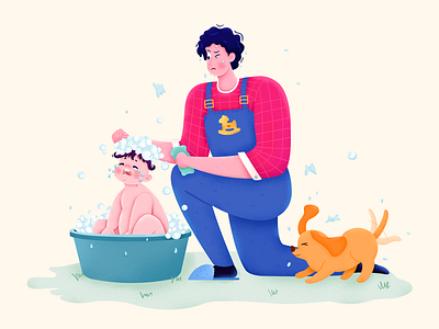 Parenting Advice animal baby bath boy character child dad daughter dog family father girl illustration kid man parent pet shower son wash