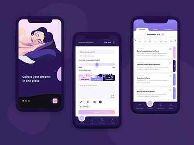 Dreaming App animation design dreaming dreams girl mobile notes screens sleep sleeping ui ux woman