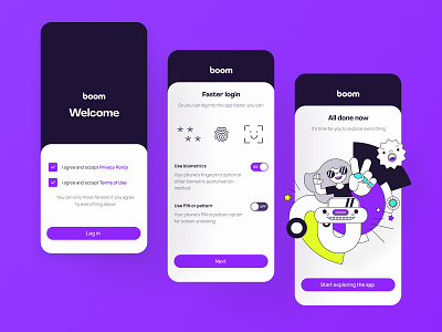 Boom Login Mobile App agreements app biometrics branding design graphic design illustration insurance intro login logo mobile privacy policy start screen terms of use ui ux uxui design vector welcome