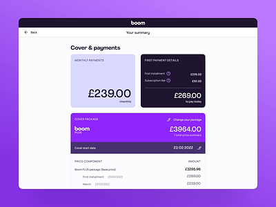 Boom Summary Page animation clear colour dark design desktop information light mode motion graphics payment process summary tiles tokens typography ui ux web wireframes