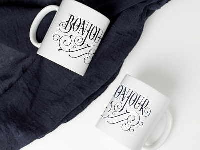 Bonjour Lettering on Mugs black and white bonjour flourish flourishes french handlettering lettering letters type typography