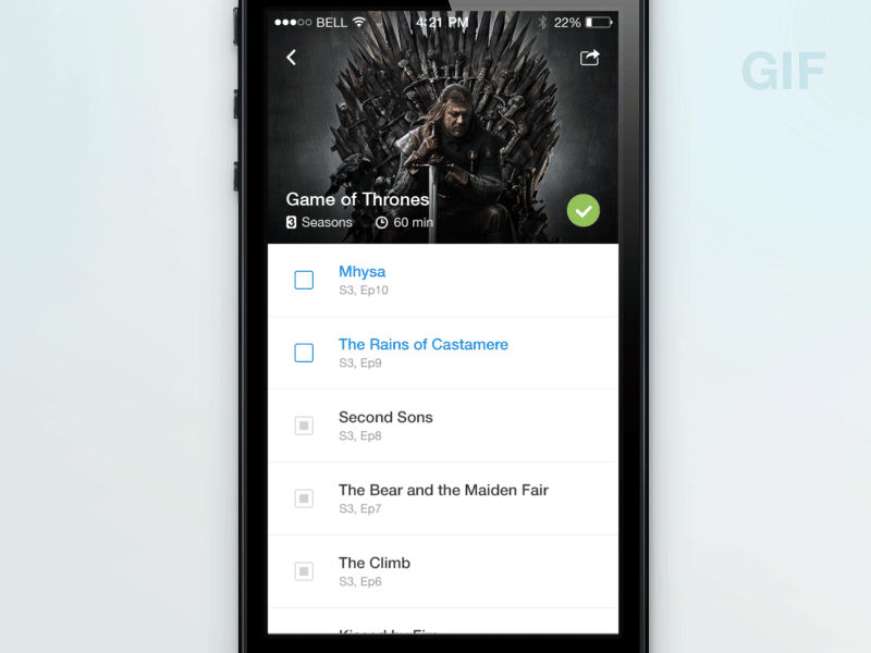 Watched TV Show animation gif interface ios7 iphone tv show ui ux