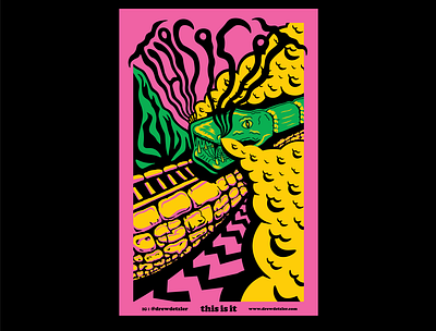 This Is It black clouds cobblestone green illustration mountain neon pink pop art poster poster design psychedelic art railroad smoke snake this is it train tshirtdesign yellow zigzag