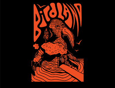 BIRDLAND aesthetic band merch bird illustration birds black freelance good vibes goodvibes halloween island orange orange and black poster design psychedelic retro retrowave stoner trippy vaporwave wavy