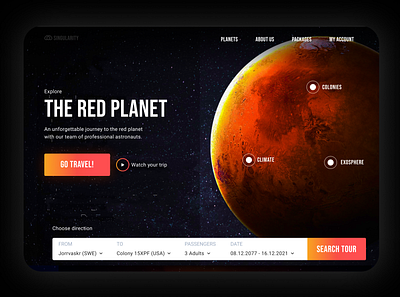 Journey to The Red Planet. Ticket Service page adventure journey red planet space tour travel agency travel website trip ui