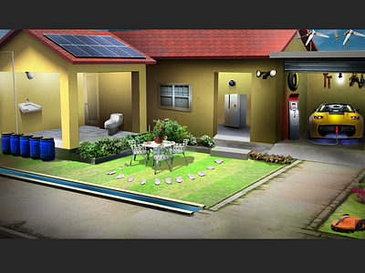 Sustainable House Upgrade 2d background hidden object game hog scene