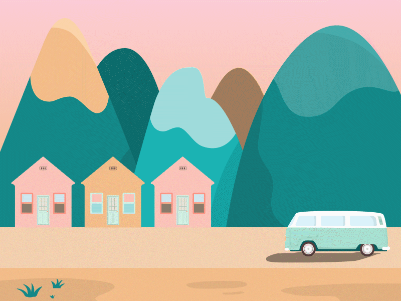 Road trip on volkswagen bus 2d animation bus illustration illustrator minimalistic mountains road roadtrip trip volkswagen