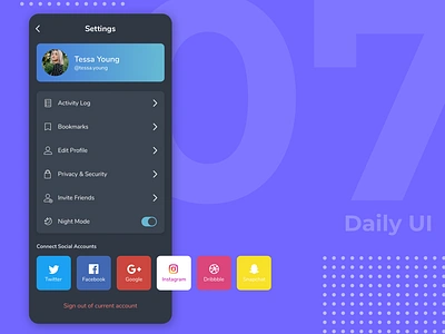 Daily UI 007 - Settings Page app dailyui dailyui007 dailyui07 dark mode settings social share ui ux