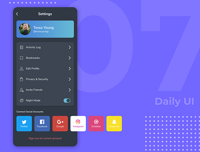 Daily UI 007 - Settings Page app dailyui dailyui007 dailyui07 dark mode settings social share ui ux
