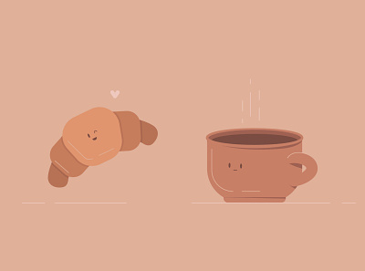 Coffee and croissant coffe croissant cute flat illustration love pink vector