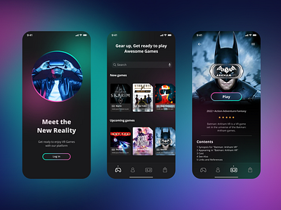 VR Gaming App app appdesign figma figmadesign neon neondesign ui uidesign uiux virtualreality vrapp vrgaming