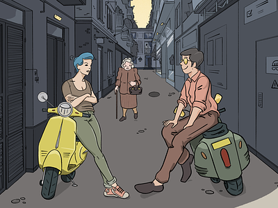 Azzurro cartoon drawing illustration illustrator meeting scooter vespa