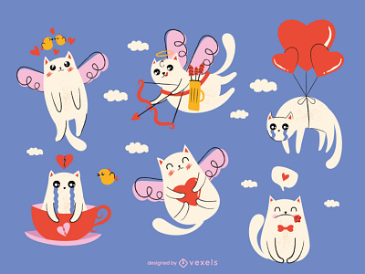 Cats valentines set angel animal cat cats character cry cupid cute heart illustration love valentines