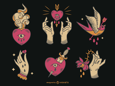 Tattoo style anti valentines set bird dark hand heart illustration love magic mystic pain sad tattoo valentines