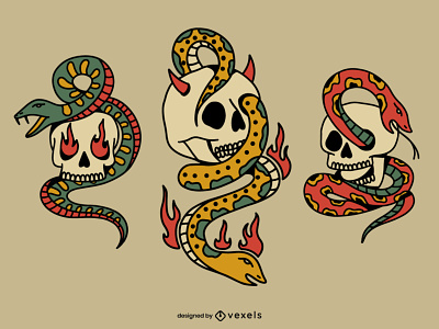 Tattoo snake skull set cool dark fire illustration skull snake sticker tattoo