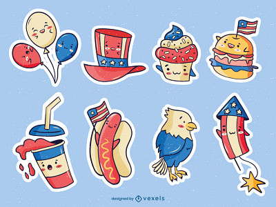 Independence day characters ballon burger characters cute eagle eeuu fire illustration independence smoothie