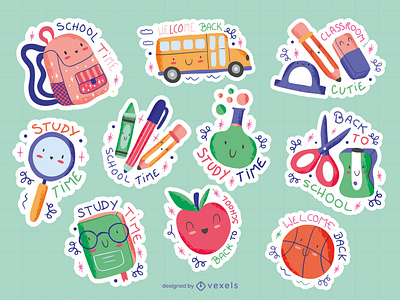 Cute school stickers apple backpack ball book bus cute elements illustration lens pencil rules school scissor