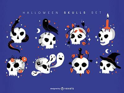 Halloween skulls set eyes ghost halloween illustration raven serpent skull snake