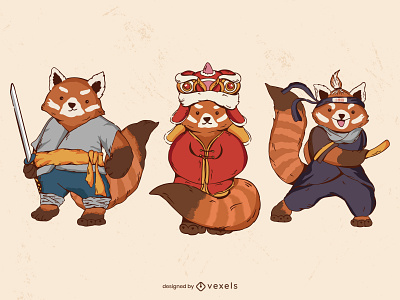 Red panda illustration set animal character chinese graphic design illustration nature red red panda