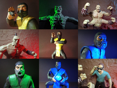 Plasticine Mortal Kombat - Characters characters clay goro illustration johnnycage mk mortalkombat plasticine plasticinema reptile scorpion subzero