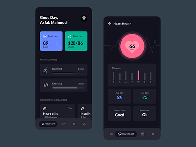 Health Assistant mobile app activity blood oxygen blood rate dashboard design exercise app health app health track heart monitoring heart rate medication app mobile app design patient monitoring personal health app ui vital sign