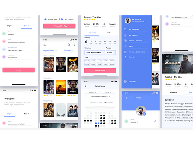 Movie Ticket Booking Application adobe xd app app design booking app clean design illustration minimal movie app schedule ticket booking ui ui design white