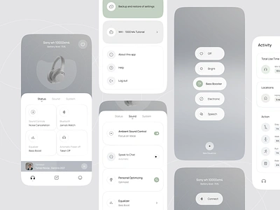 Headphones app concept accounts app app design bluetooth clean dashboard design equalizer headphones ios menu mobile music player settings ui user ux