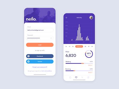 Nello fitness and health app activity ui data ui fitness app health app orange purple step count ui ui design ux