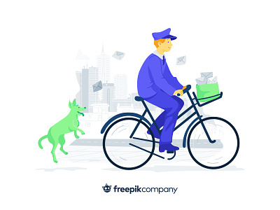 Newsletter Illustration bicycle bike character design dog email flat freepik green illustration mailing postman purple vector