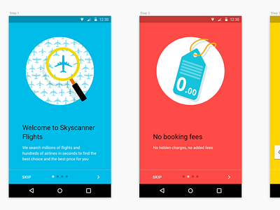 Screens from the Google Editors Choice Skyscanner Flights app