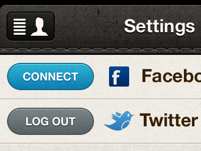 (Retina) Updated share settings app button facebook interface mobile rally interactive stitching texture twitter ui ux