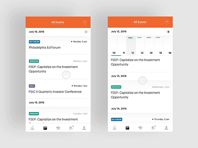 FS Investments event calendar interaction circa 2016 app art direction creative direction design interface ios mobile rally interactive ui ux