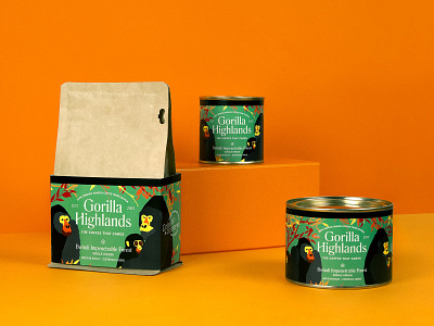 Gorilla Highlands Coffee animals illustration animals packaging caja ilustrada cajas cafçe coffee branding coffee illustration diseño cajas café gorillas illustration illustration box illustration design ilustración animales logo café packaging café packaging ilustrado