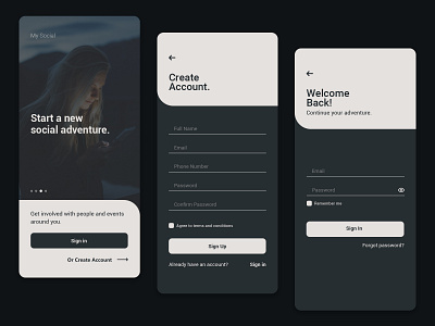 Sign In/Sign Up - Adobe XD Challenge [May 12, 2020] account adobe xd challenge app dark design minimalist register sign in sign up simple simple clean interface social social app social media ui ux xd daily challenge