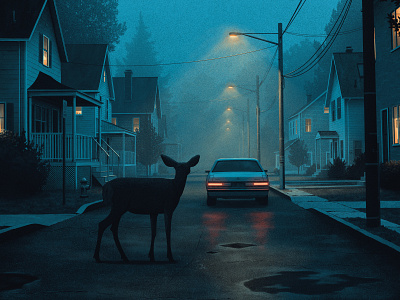 A Momentary Silence deer grainy illustration moegly moody neighborhood night nostalgic poster screenprint street lights tail lights