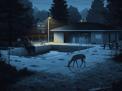An Ocean Between deer fox grainy illustration moegly moody neighborhood night nostalgic park pool street lights