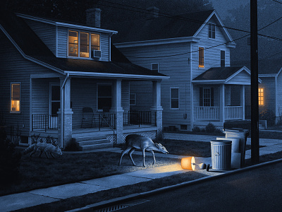 A Shiny Object deer fox giclee house illustration moody neighborhood nicholas moegly night nighttime nostalgic poster