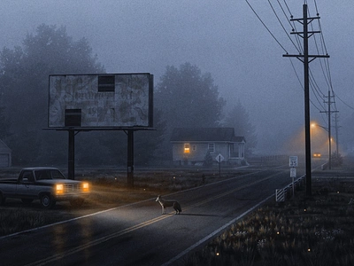 A Suspended State coyote grainy headlights illustration moody nicholas moegly night nighttime nostalgic pickup road street