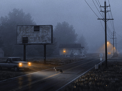 A Suspended State coyote grainy headlights illustration moody nicholas moegly night nighttime nostalgic pickup road street