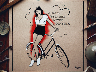 Pin Up Print bicycle bike girl hand drawn lettering pin up sailor jerry screen print tattoo