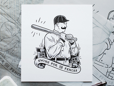 Swing For The Fences banner baseball baseball player drawing flash illustration moegly nicholas moegly sketch stippling tattoo traditional