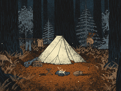 Ray LaMontagne Tour Poster camping concert deer fire gig poster illustration poster ray lamontagne tent woods